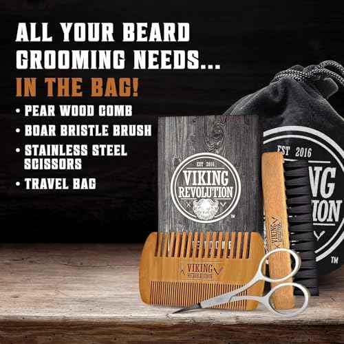 Viking Revolution Beard Brush and Comb Set with Peppermint Eucalyptus Beard Wash and Conditioner (5 Oz each) - Grooming Kit for Men with Argan and Jojoba Oils - Gifts for Men