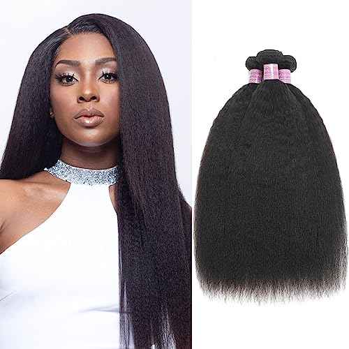 Kinky Straight Human Hair 3 Bundles 10 12 14 Inch Natural Black Yaki Straigh Brazilian Virgin Remy Hair Unprocessed Kinky Straight Human Hair Extensions (10 12 14 Inch, 3 Bundles)