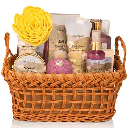 Spa Baskets For Women - Luxury Bath Set With Lavender & Chamomile - Spa Kit Includes Wash, Bubble Bath, Lotion, Bath Salts, Body Scrub, Body Spray, Shower Puff, Bathbombs, Soap and Towel