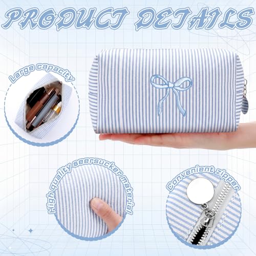 Blue Bow Seersucker Cosmetic Bags Set of 6 - Women's Travel Makeup Pouches