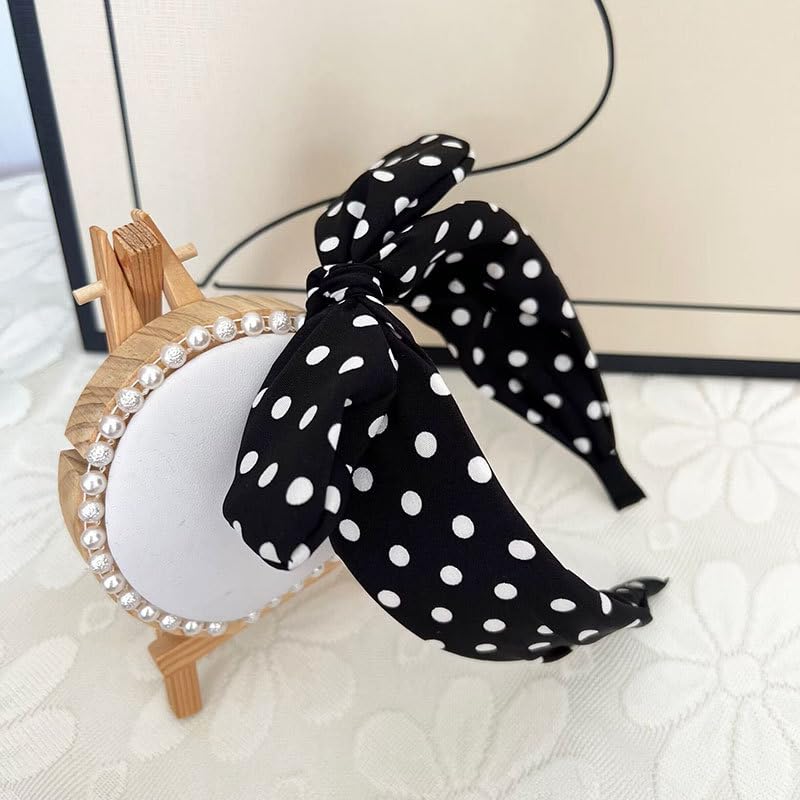 Deghew Black Polka Dot Bow Headband for Women & Girls - 1 Pack, Retro Halloween Costume Accessory