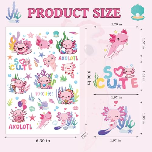 Axolotl Temporary Tattoos for Kids - 8 Sheets, 100+ Designs