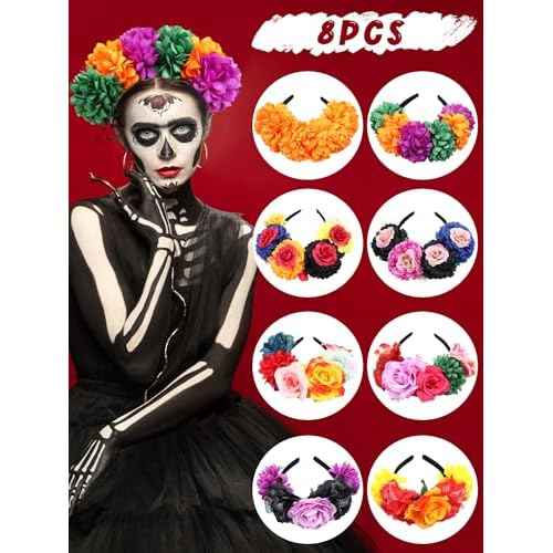 Zeyune Mexican Flower Headband Fiesta Rose Flower Crown Costume Mexican Headpiece for Women Party Cosplay Halloween(Bright Color,8 Pcs)