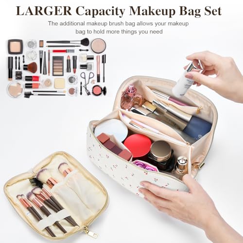 Travel Makeup Bag Set, 2Pcs Large Capacity Flower Make up Bag Quilted Cosmetic Bag for Girls, Little Flower Cute Travel Toiletry Bag for Women Wide Open Floral Cotton Stuff Bag Skin Care Bag