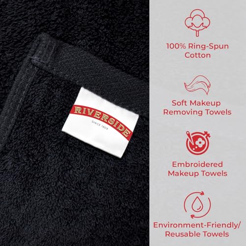 RIVERSIDE Black Makeup Towels - Pack of 6 (13x13) Soft Cotton Makeup Washcloths for Face - Reusable, Quick-Dry Makeup Remover Towels for Bathroom, Spa & Salon - Gentle on Skin - Hello Beauty