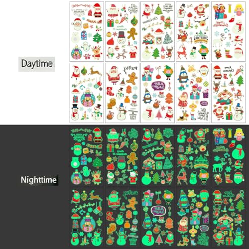 Glow in Dark Christmas Temporary Tattoos for Kids - 20 Sheets