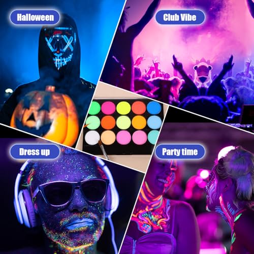 Glow UV Blacklight Face Paint - 15 Neon Colors Water-Based