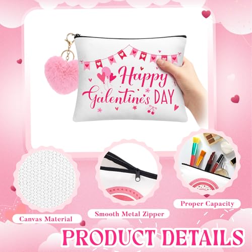 Landical 12 Sets Galentine's Day Makeup Bags Gifts Bulk for Woman Valentine's Day Canvas Bags with Zipper Pink Plush Heart Keychains Galentines Party Favors Supplies for Friends Besties Ladies