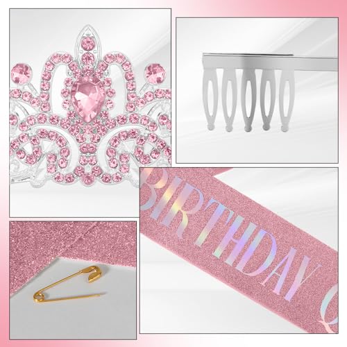 Jukeios Birthday Ensemble: Sash, Tiara, and Pink Crown for Women's Birthday Celebrations