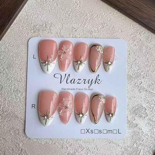 Brown French Tip Medium Press On Nails £¬3D Metallic Rhinestones style Design Handmade Press On Nails £¬Reusable Glam ArtAcrylic Nails (10 PCS)