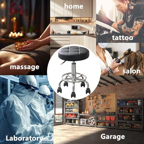 Round Rolling Stool Chair PU Leather,360¡Æ Adjustable Stools with Wheels Compact Size & High Weight Capacity Rolling Stool for Tattoo Salon Office Home