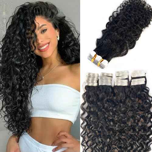 Water Wave Tape in Hair Extensions Human Hair, Natural Black Hair Extensions Real Remy Human Hair Tape ins for Black Women, 20 Inch 50g/pack 20pcs Double Sided Invisible Tape Hair Extension