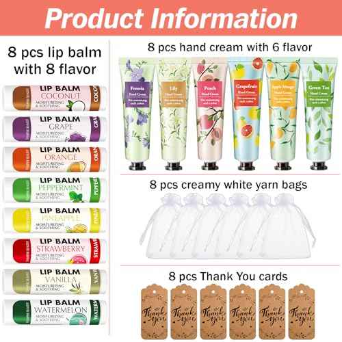 AZEN 8 Sets Bulk Gifts, Hand Cream and Lip Balm Bulk Set with Organza Bag Thank You Card, Baby Shower Wedding Gifts for Guests, Bridal Wedding Favors for Guests,Thank You Gifts for Women
