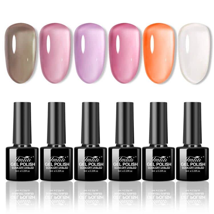 Imtiti Gel Nail Polish Kit, Jelly Pink Orange White Brown Gel Nail Polish Set of 6 Transparent Colors Sheer Gel Polish Kit