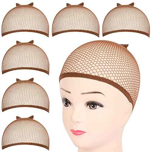 Fandamei Wig Cap, 6PCS Wig Caps for Women Kids Brown, Mesh Wig Cap Net, Closed End Hair Nets, Nylon Hair Net for Wigs for Halloween Rave Party Cosplay