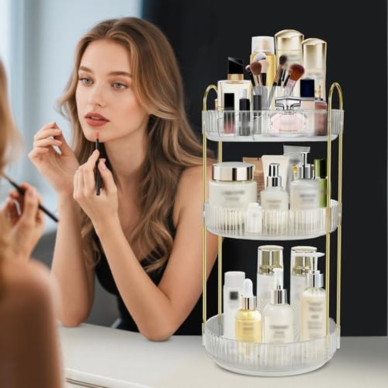 360° Rotating Makeup Organizer - 3-Tier Vanity Storage, White