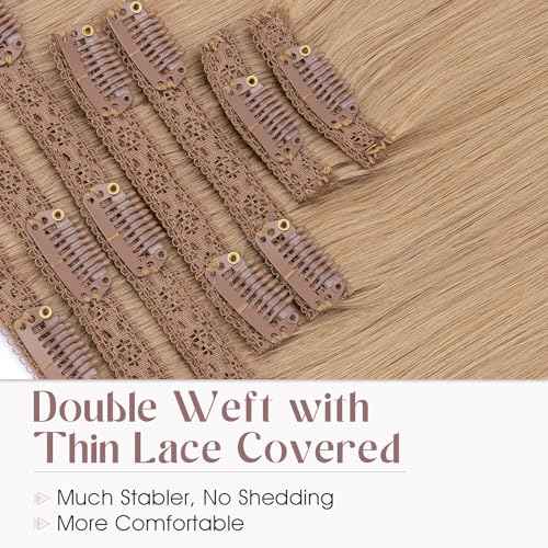 Elailite Clip in Hair Extensions Real Human Hair, Remy Hairpieces for Women, 7PCS Lace Weft Full Head, 12 Inch 90g Dark Blonde