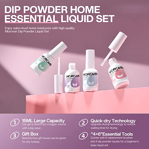 Morovan Dip Powder Liquid Set - Base, Top Coat, Activator & Brush Saver (0.5oz)