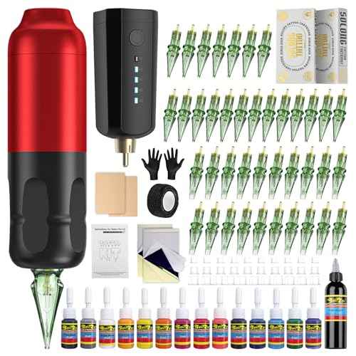Tattoo Gun,Solong Complete Wireless Tattoo Kit 1600mAh Power Supply 40pcs Tattoo Needles 120ML Tattoo Ink and Other Tatto Supply SLQ53KITP803-2