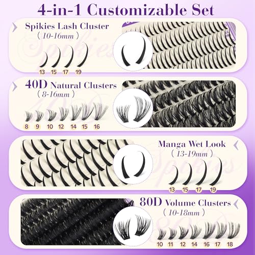 Manga Lash Clusters Natural Look Anime Japanese Eyelash Extensions 488 pcs 8-18MM Wispy Cluster Lashes for Cosplay, Thick Volume Wet-Look and Natural 2 Styles of Lash Extension with Thin Band
