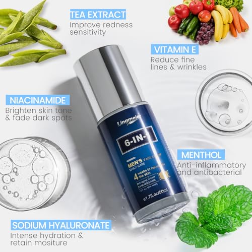 6 in 1 Mens Face Moisturizer, Anti Aging Face Cream for Men with Niacinamide, vitamin E, Hyaluronic Acid, Shea Butter, Deep hydration, Helps Reduce Dark Circles & Eye Bags,1.7 FL OZ