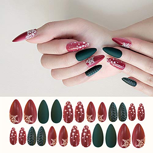 Gangel Red Matte False Nails Xmas Fake Nail Full Cover Christmas Long Fake Nails Snow Deer Acrylic Press on Nails Daily Wear Gifts for Women and Girls 24Pcs (RED GREEN)