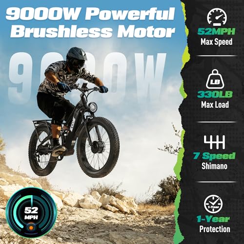 EcoE 9000W Dual Motor Electric Bike 52MPH 26x4 Fat Tire
