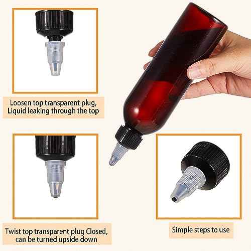 Barydat 12 Pcs Applicator Bottles for Hair, Squeeze Hair Oil Applicator Bottle Refillable Empty Plastic Bottles, Twist on Top Cap with Open Close Nozzle and 2 Funnels(8 oz,Amber)