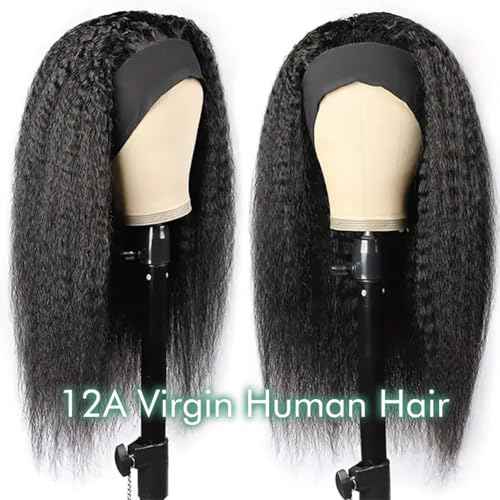 Headband Wig Human Hair 18 Inch Kinky Straight Headband Wigs for Black Women Yaki Straight Human Hair Headband Wig Half Wig Human Hair Natural Black Color