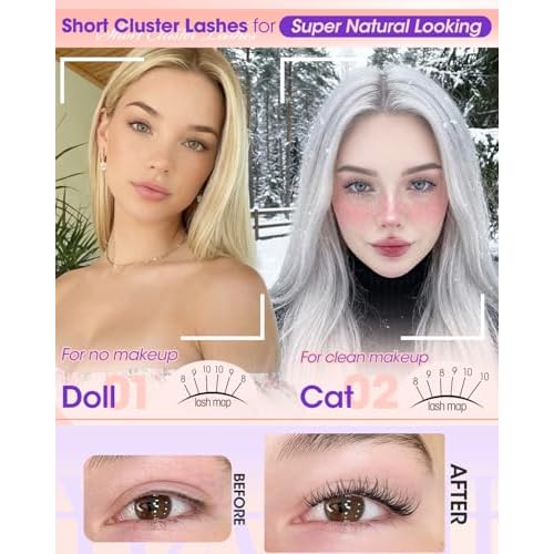 Short Lash Clusters Kit 8-9-10mm Velure Natural Eyelash Clusters Kit Clear Band Wispy Cluster Eyelash Extensions CC Curly Invisible Individual Lashes with Clear Lash Bond and Seal for Beginner Daily