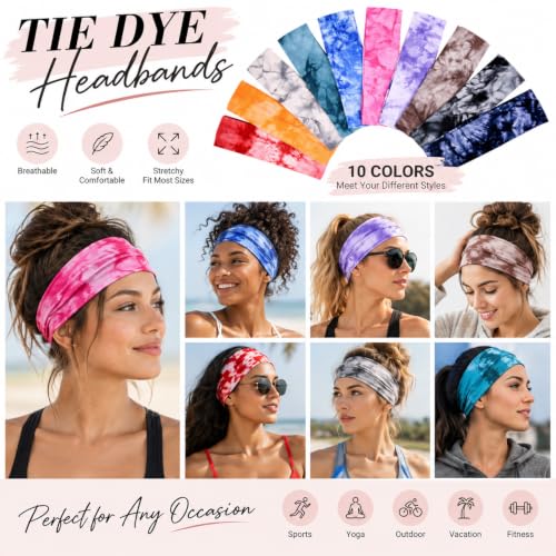 10 Pack Tie Dye Headbands for Women Girls Teens - Boho Elastic Hair Accessories