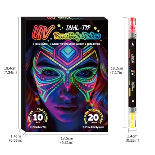 UV Neon Face Paint Pens - 10pc 20 Color Luminous Body Painting Kit