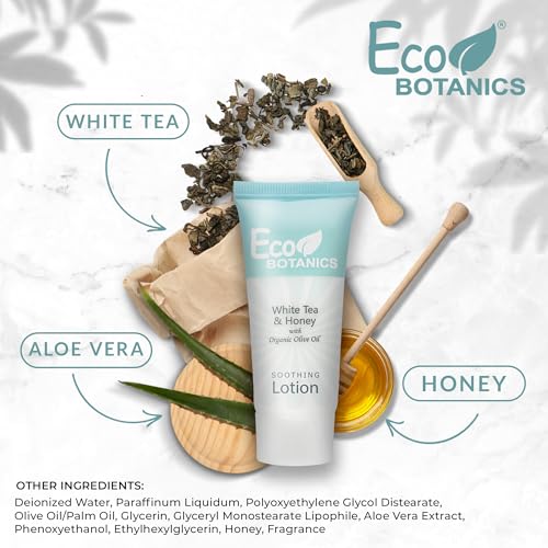 Travel Size Hotel Lotion 20 Count 0.85 oz Bottles Guest Amenities | Vacation Rentals and Short Term Rentals Paraben Free White Tea Scent Infused with Aloe Honey and Olive Oil by Eco Botanics