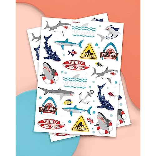 xo, Fetti Shark Temporary Tattoos - 38 Metallic Styles | Underwater Sea Creature, Ocean Animal Birthday Party Supplies, Summer, Totally Jawsome, Arts and Crafts