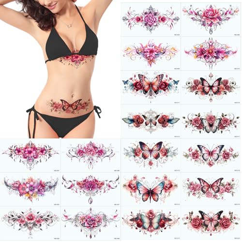 Flower Butterfly Temporary Tattoos 20 Sheets Waterproof