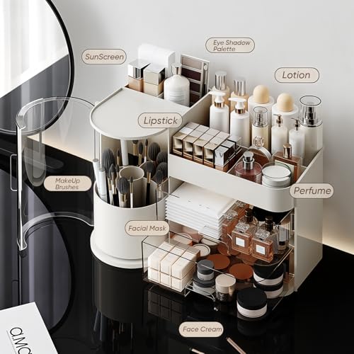 Rotating Makeup Organizer with Drawers & Brush Holder