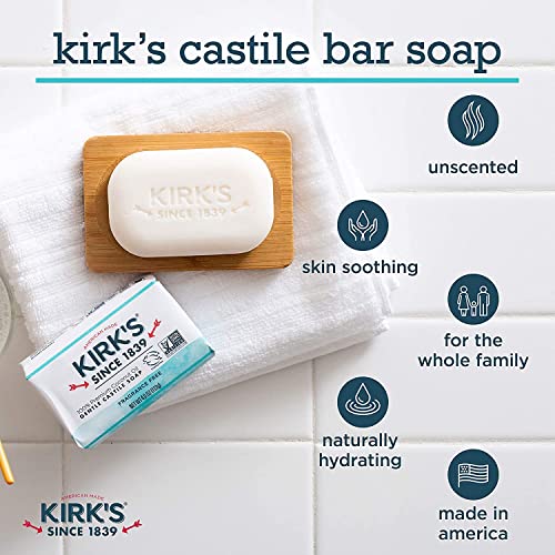 Kirk's Castile Bar Soap Clean Soap for Men, Women & Children | Premium Coconut Oil | Sensitive Skin Formula, Vegan | Fragrance-Free/Unscented | 4 oz. Bars - 12 Pack