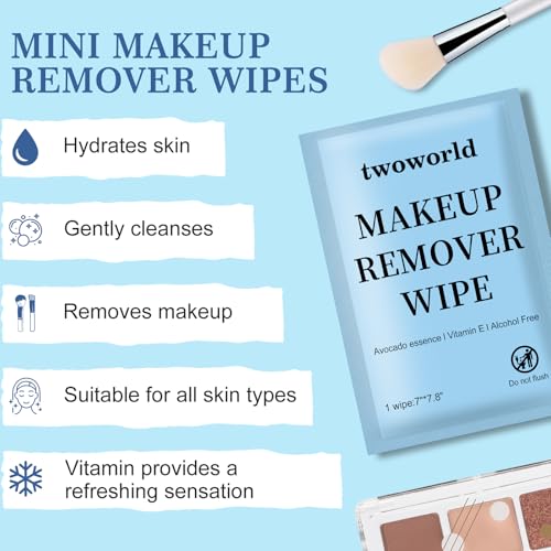 Twoworld Makeup Remover Wipes Bulk Individually Wrapped,Travel Makeup Wipes Gentle for Face Cleansing Mascara Lipstick Travel Hotel(Cucumber,Pack of 100)