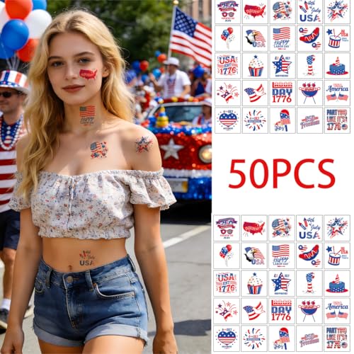 4th of July Temporary Tattoos - 96 Waterproof Patriotic Designs
