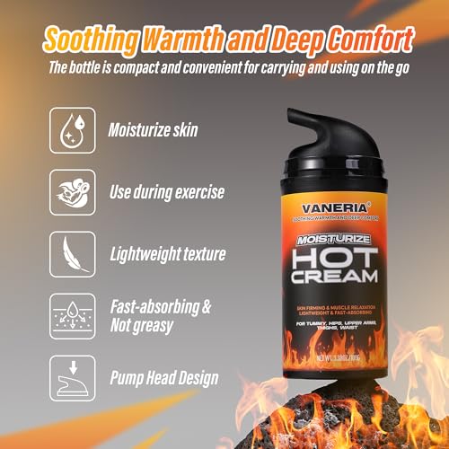 VANERIA Hot Cream,Cellulite Tightening Cream,Skin Firming & Muscle Relaxation, for Tummy, HIPS,Abdomen,Legs, Arms,Waist,Long Lasting & Moisturizing Pre and Post Workout Lotion100g/3.38oz