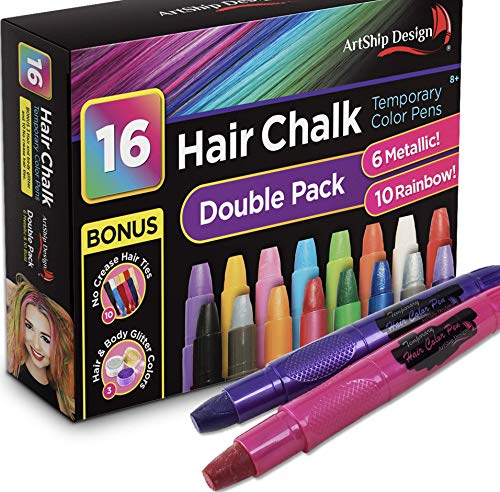 Hair Chalk Double Pack - 10 Bold Colors & 6 Glitter Pens