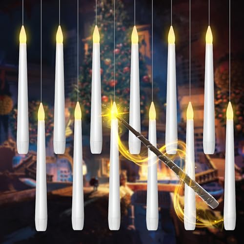 GNSTOP 20 Pcs Floating Candles with Wand Enchanting Hanging Decorations, Flickering Warm Light, Battery Operated Flameless LED Remote-Controlled for Christmas Tree Decor Gift.