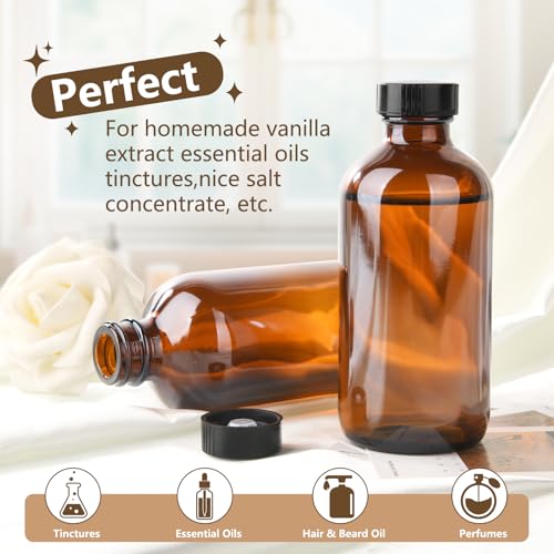 12 Pack 8 oz Amber Glass Boston Bottle With Black Poly Cap, Funnel, Chalk Labels, Pen, Dispensing Bottles for Homemade Vanilla Extract, Essential Oils, Herbal Medicine, Wedding Christmas Decor