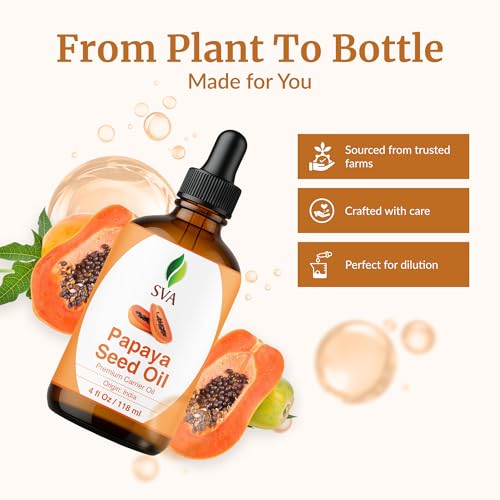 SVA Papaya Seed Oil - 4 Fl Oz ? 100% Natural Cold Pressed Papaya Oil - for Face, Skin Care, Hair Care, Scalp Massage & Body Massage ? Carrier Oil with Dropper