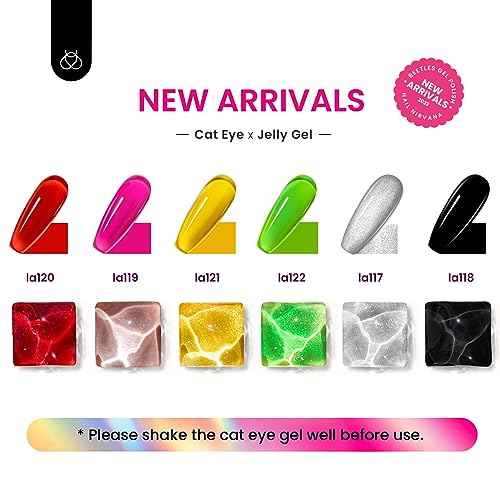 Beetles Gel Nail Polish Set, 6 Colors Silver Cat Eye Gel Polish Sheer Jelly Red Pink Yellow Green Black Neon Gel Translucent Glitter Effect with Magnet Soak Off UV Manicure Gifts for Women