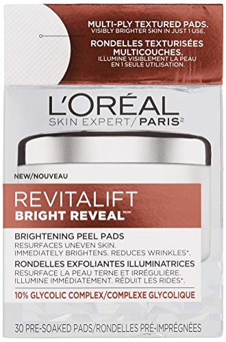 L'Oréal Paris Revitalift Bright Reveal Anti-Aging Exfoliating Peel Pads with Glycolic Acid, Reduce Wrinkles & Brighten Skin, 30 Count (Pack of 1)