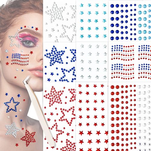 900 Pcs Patriotic Face Gems Stickers - 4th of July Rhinestones