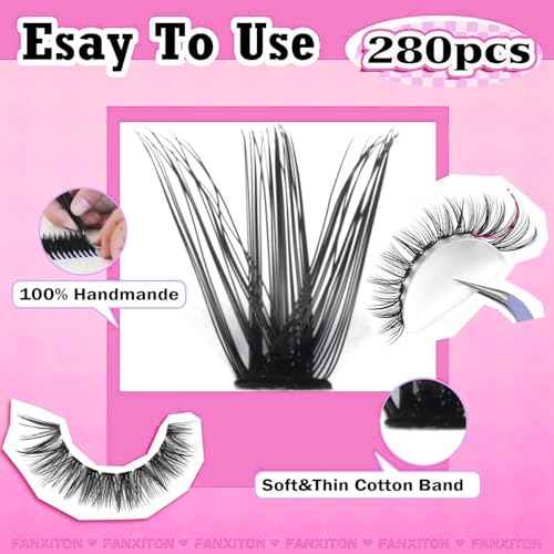 FANXITON DIY Lash Extension Kit Volume Lash Clusters 40D+50D D Curvature Individual Lashes Lash Clusters Kit Thick Eyelash Extension Kit 280 pcs Thin Band Cluster Lashes Lash Bond and Seal Tweezers
