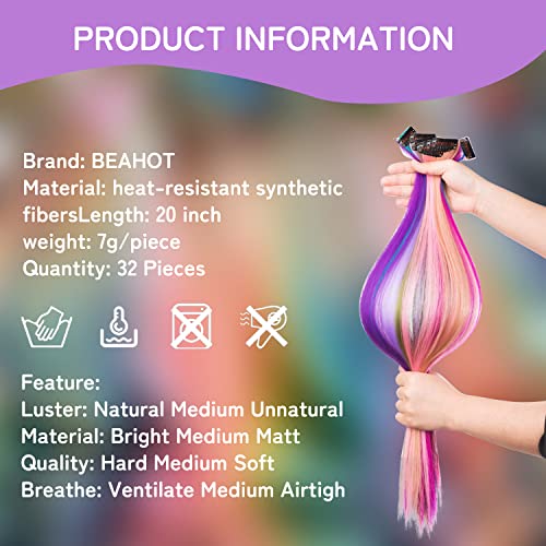 32 PCS Clip in Hair Extensions for Kids, 20 Inch Rainbow