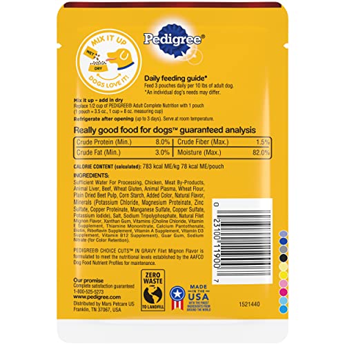 Pedigree Choice Cuts In Gravy Adult Soft Wet Dog Food, Filet Mignon Flavor, 3.5 oz Pouches, 16 Pack